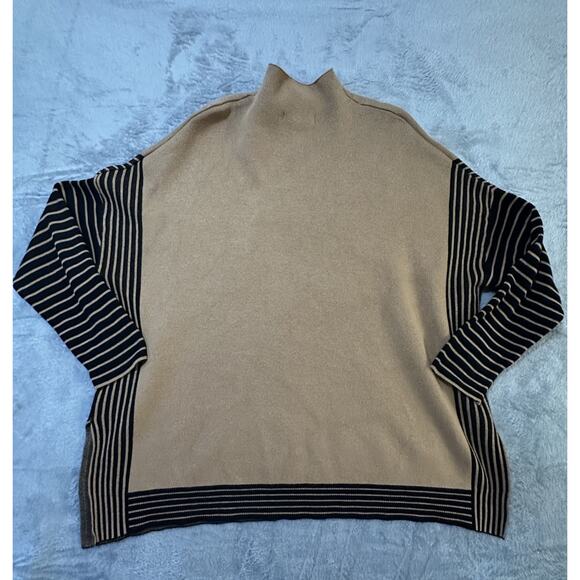 A Love Story Sweater L/XL Tan Black Striped Sleeve Mock Neck Oversized Knit Top - Picture 2 of 7
